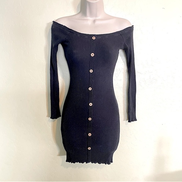 Black Ribbed Knit Off Shoulders Bodycon Mini Dress with Long Sleeves S - Picture 2 of 9